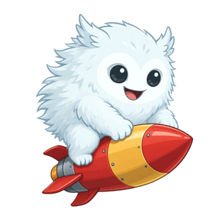 Clero, a fluffy white coach, riding a rocket